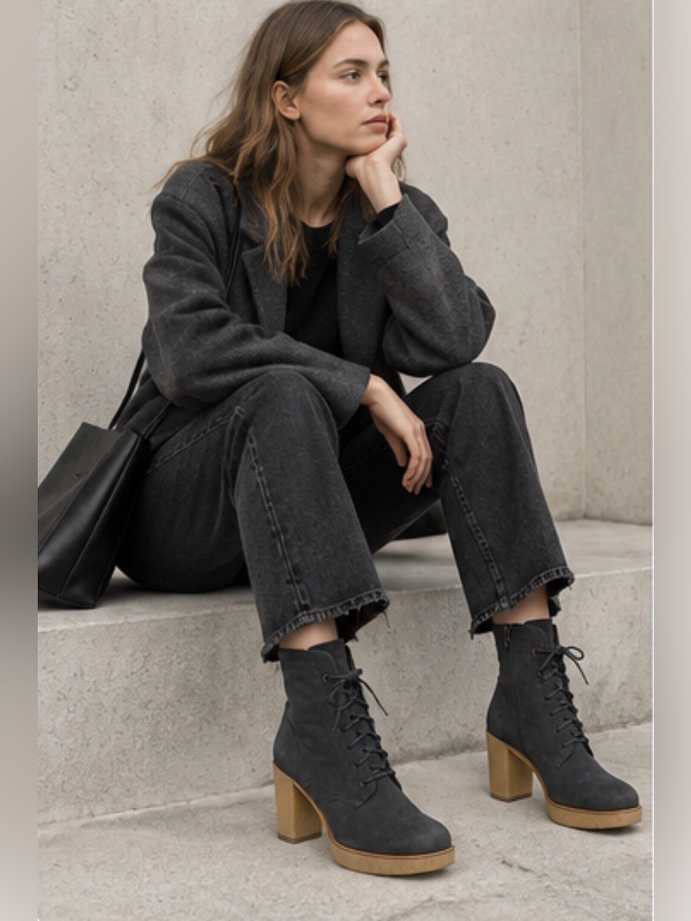 Euro Black Leather Nubuck Lace-Up Platform Ankle Boots - Chunky Block Heel EU 40